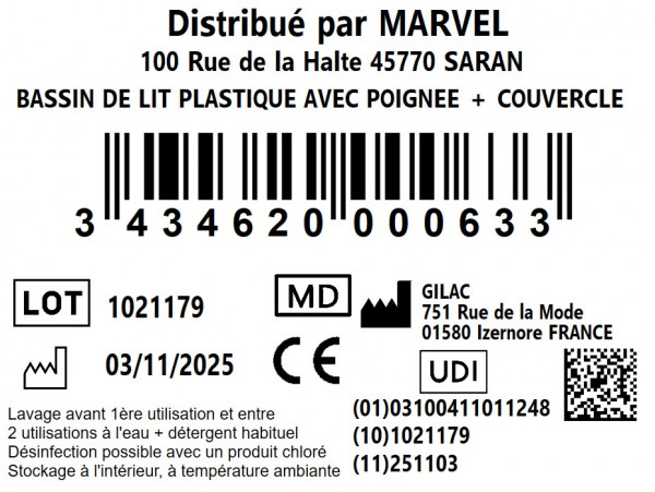 BASSIN DE LIT PLASTIQUE AVEC POIGNÉE + COUVERCLE - visuel 1